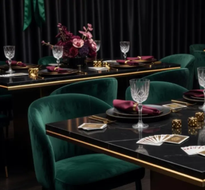 Dekoracje eventowe w ciemnej, eleganckiej kolorystyce z akcentami szmaragdowymi i burgundowymi