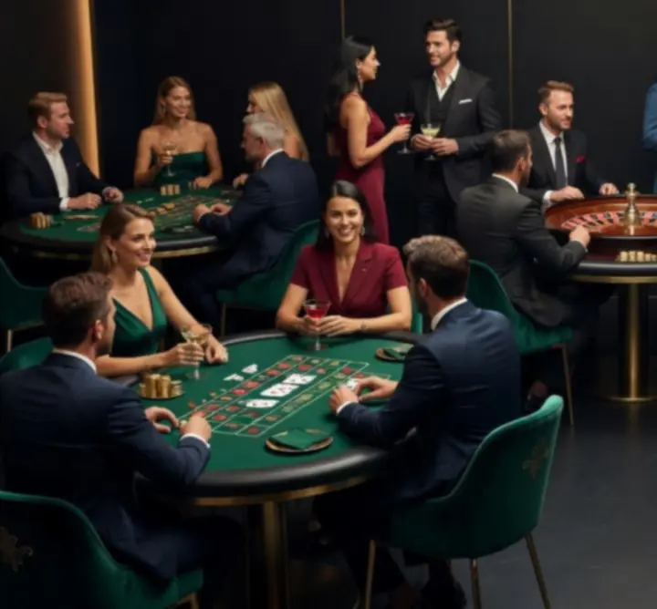 Elegancka sala eventowa z mobilnymi stołami do pokera, blackjacka i ruletki