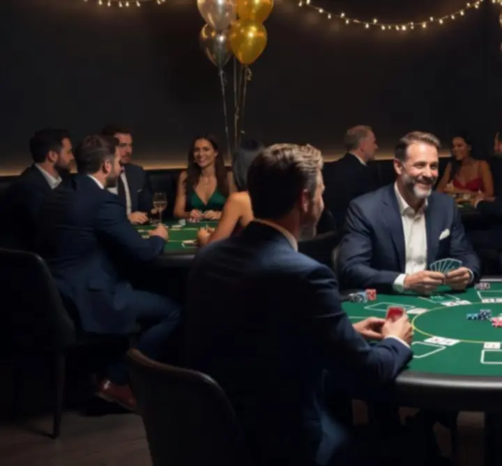 Wieczór pokerowy z mobilnym stołem i uczestnikami podczas nastrojowego eventu